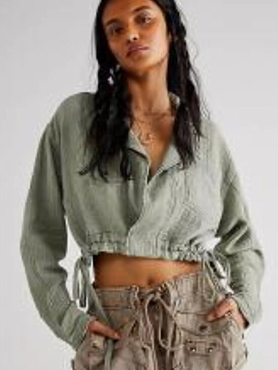Free People We The Free Cinched Cotton Cropped Shirt Sage Green Size Small - Picture 1 of 5